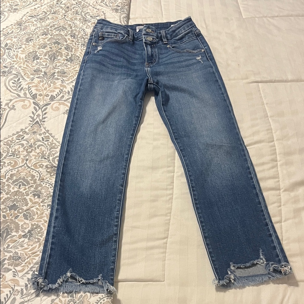 KanCan Medium Blue Distressed Straight Crop Jeans